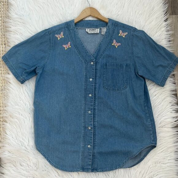 Vintage Y2K Embroidered Butterfly Denim Shirt Size Medium - Picture 4 of 12